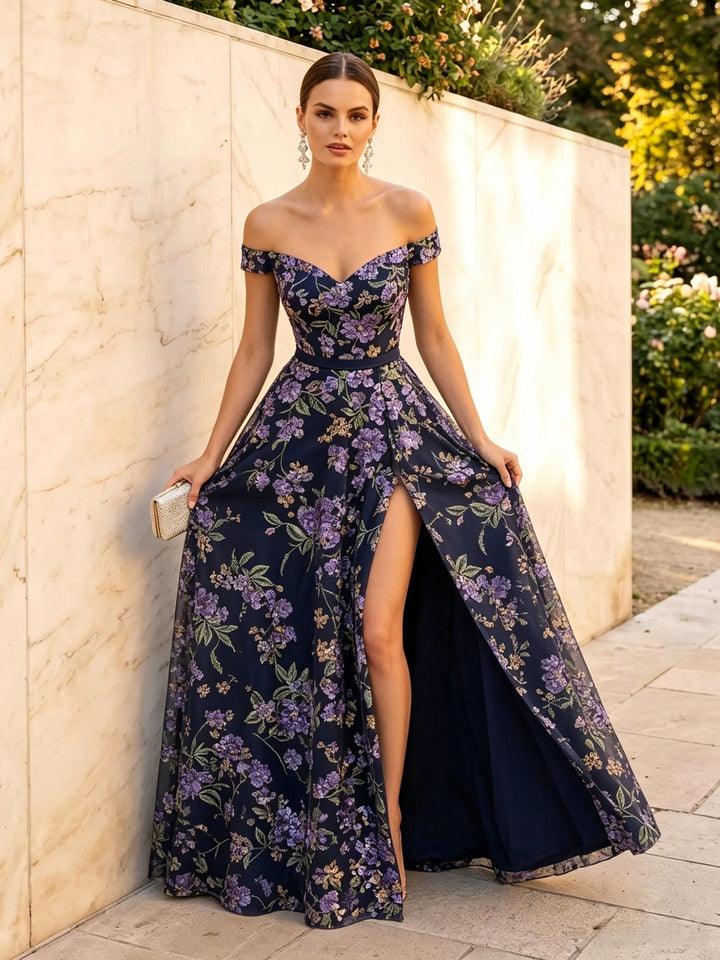 Sequin Floral A Line Off the Shoulder Slit Corset Formal Dresses