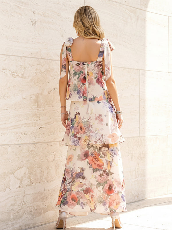 Floral Print A Line Square Neck Spaghetti Straps Layered Formal Dresses