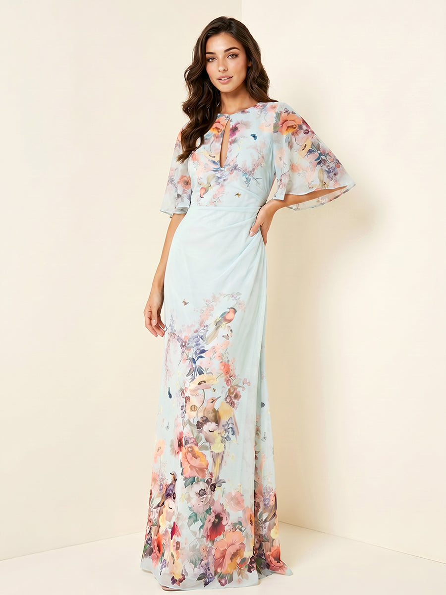 Floral Print Mermaid Scoop Neck Cut Out Ruched Formal Dresses
