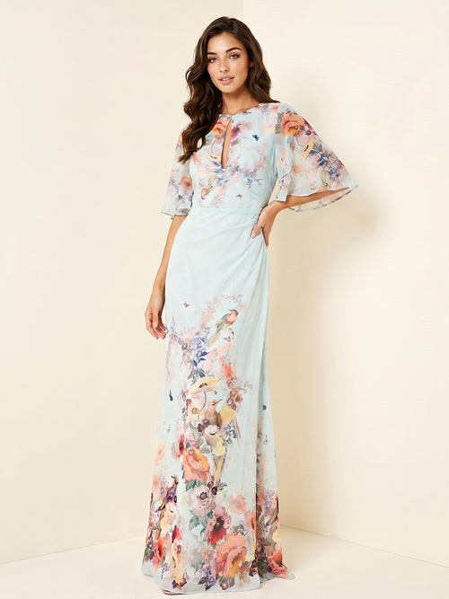 Floral Print Mermaid Scoop Neck Cut Out Ruched Formal Dresses