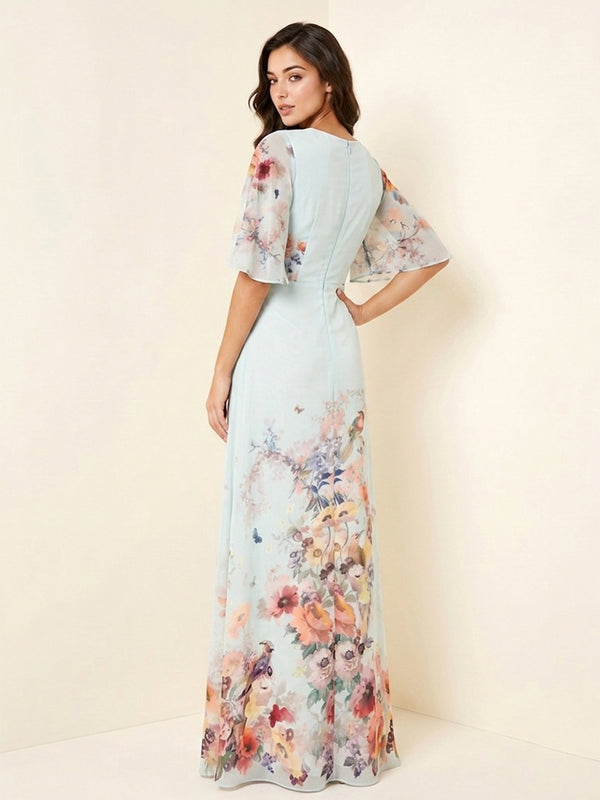 Floral Print Mermaid Scoop Neck Cut Out Ruched Formal Dresses