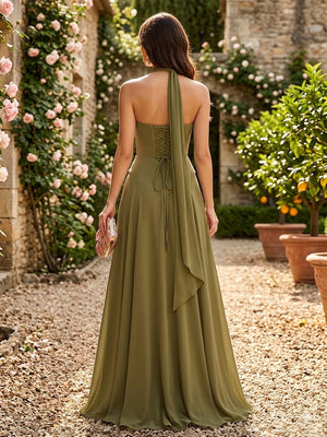 Chiffon Pleated A Line Strapless Formal Dresses with Scarf