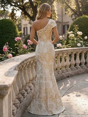 Off the Shoulder Jacquard Mermaid Floral Pleated Formal Dresses