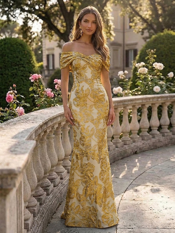 Off the Shoulder Jacquard Mermaid Floral Pleated Formal Dresses