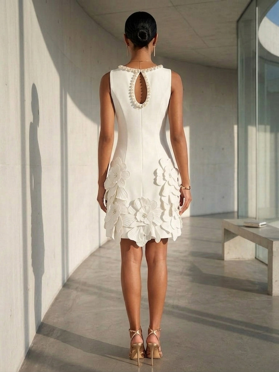 Pearl Classic Stretch Mesh Boat Neck 3D Flowers Sleeveless A Line Formal Dresses