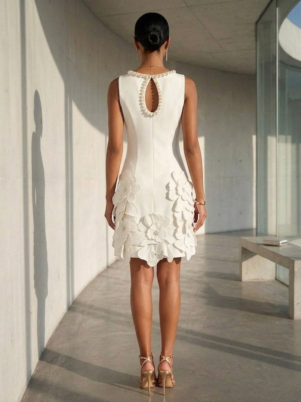 Pearl Classic Stretch Mesh Boat Neck 3D Flowers Sleeveless A Line Formal Dresses