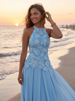 3D Flowers Chiffon Pleated Halter Neck Sleeveless A-Line Formal Dresses