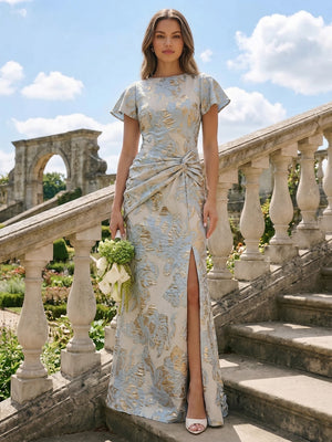 Jacquard Mermaid Scoop Neck Front Slit Twisted Formal Dresses