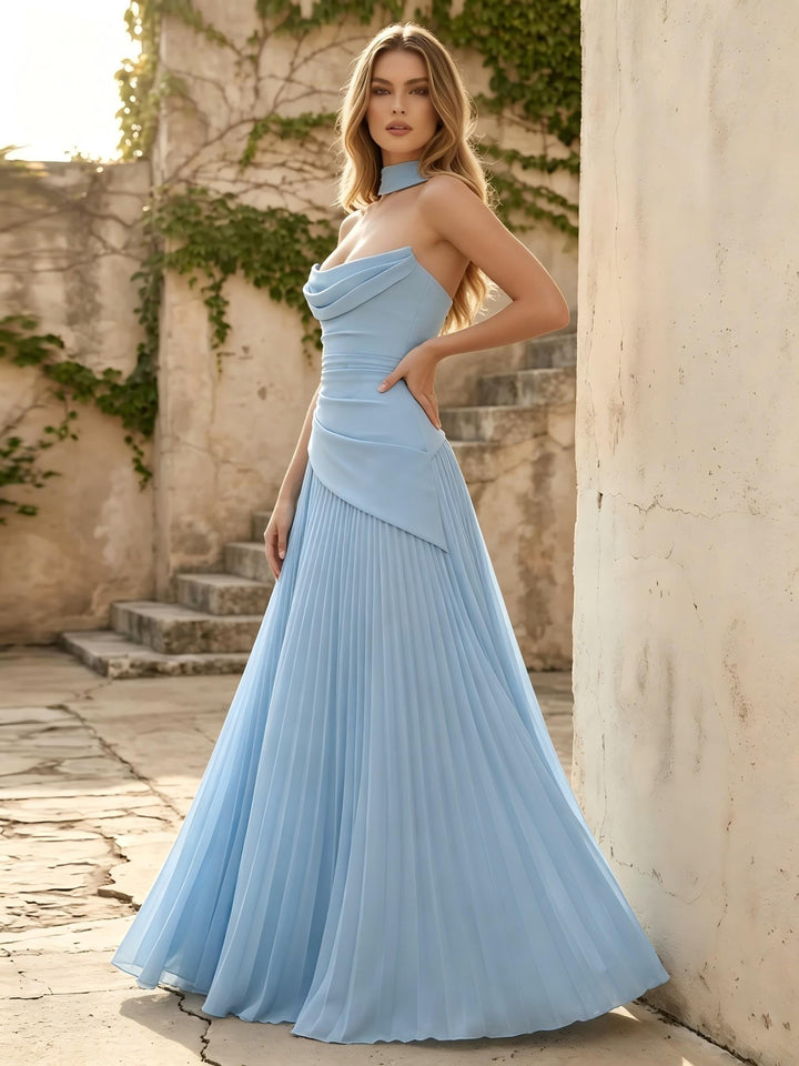 Chiffon A Line Cowl Neck Pleats Ruched Formal Dresses with Scarf