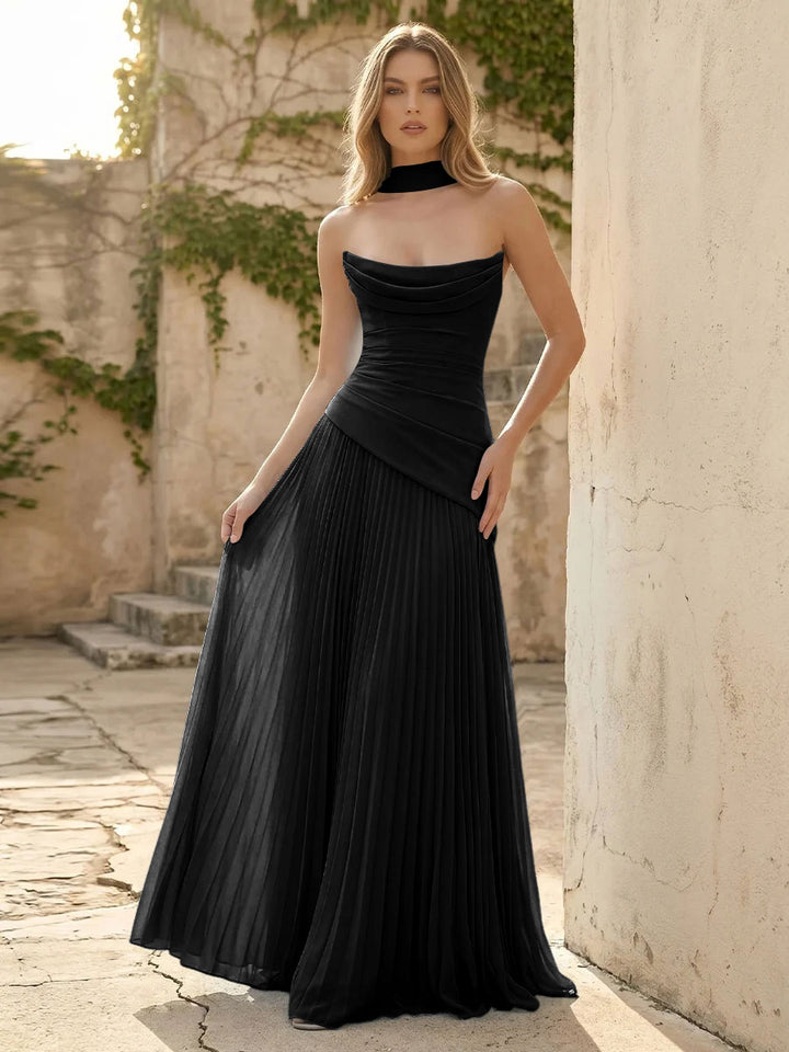 Chiffon A Line Cowl Neck Pleats Ruched Formal Dresses with Scarf