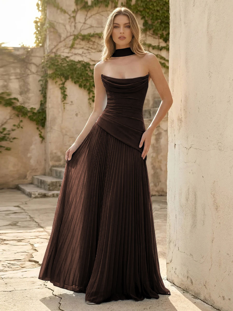 Chiffon A Line Cowl Neck Pleats Ruched Formal Dresses with Scarf
