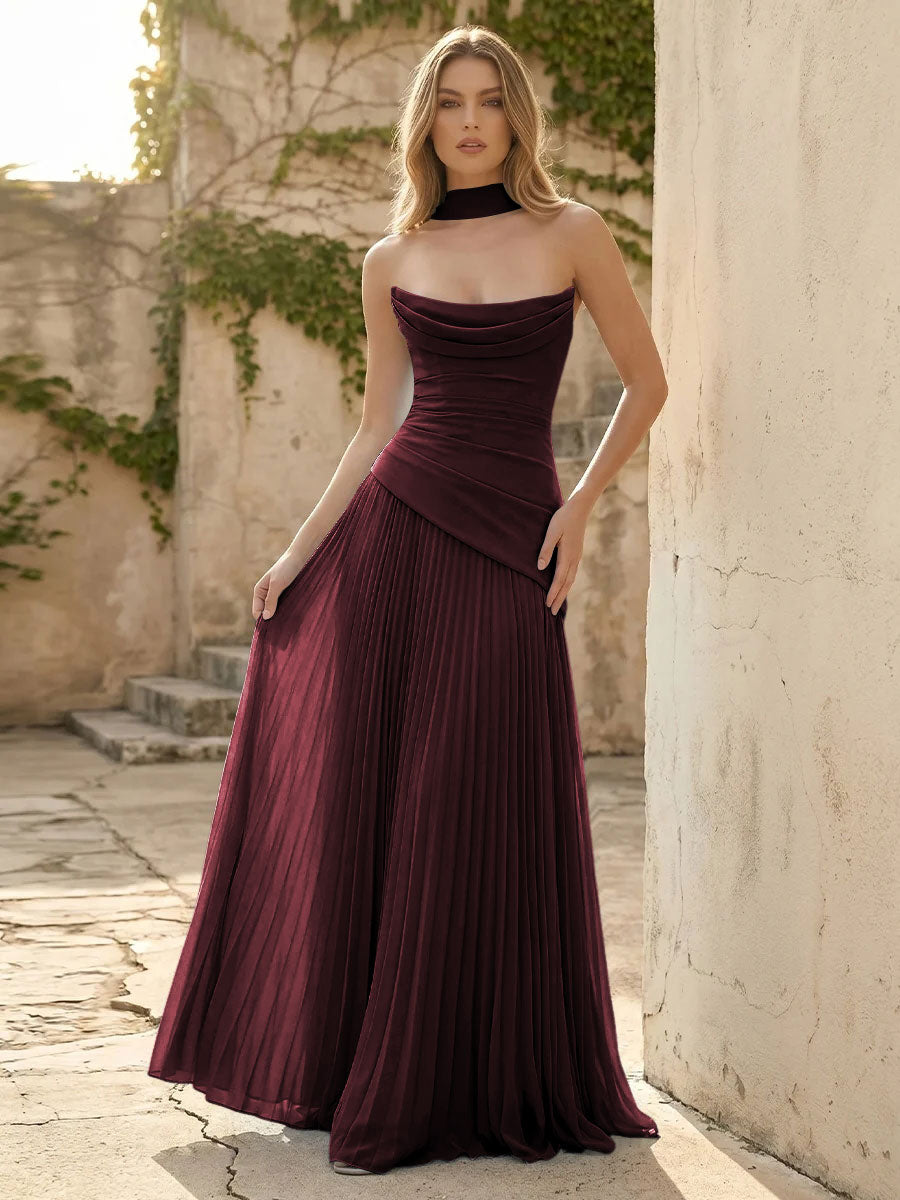 Chiffon A Line Cowl Neck Pleats Ruched Formal Dresses with Scarf