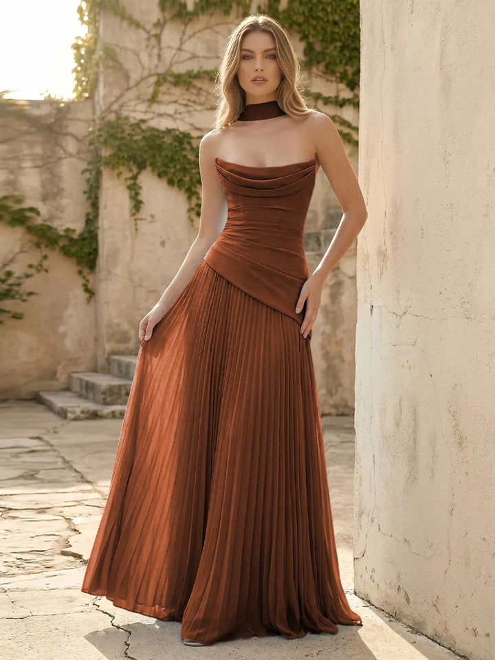 Chiffon A Line Cowl Neck Pleats Ruched Formal Dresses with Scarf