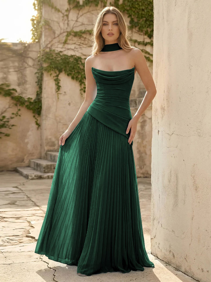 Chiffon A Line Cowl Neck Pleats Ruched Formal Dresses with Scarf