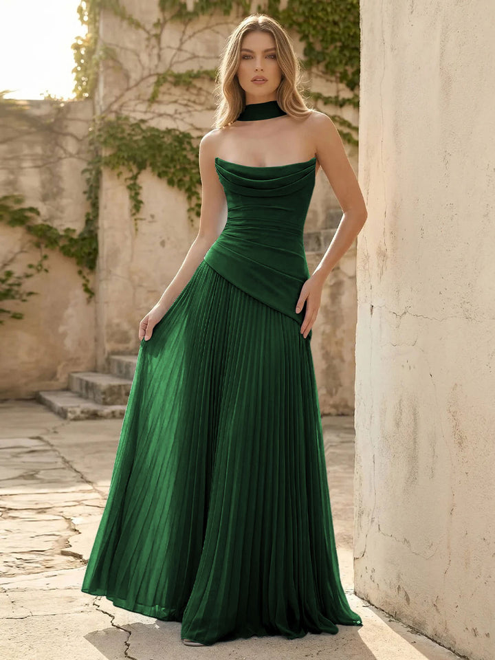 Chiffon A Line Cowl Neck Pleats Ruched Formal Dresses with Scarf