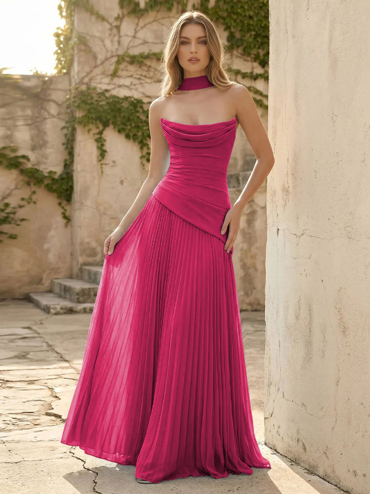 Chiffon A Line Cowl Neck Pleats Ruched Formal Dresses with Scarf