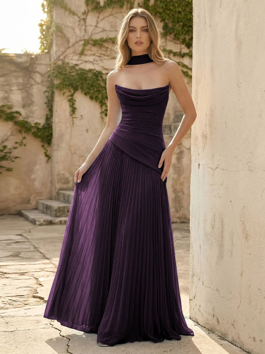 Chiffon A Line Cowl Neck Pleats Ruched Formal Dresses with Scarf