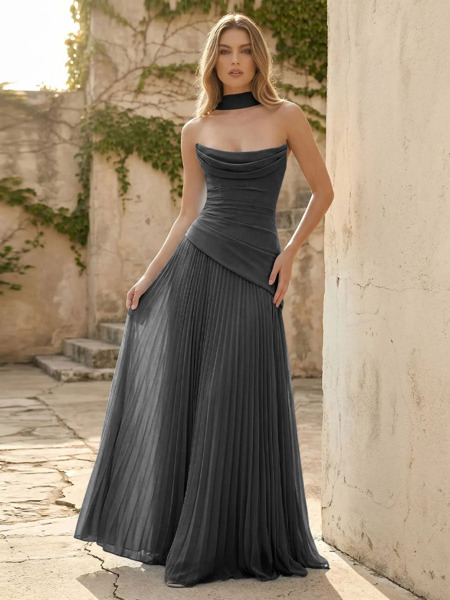 Chiffon A Line Cowl Neck Pleats Ruched Formal Dresses with Scarf