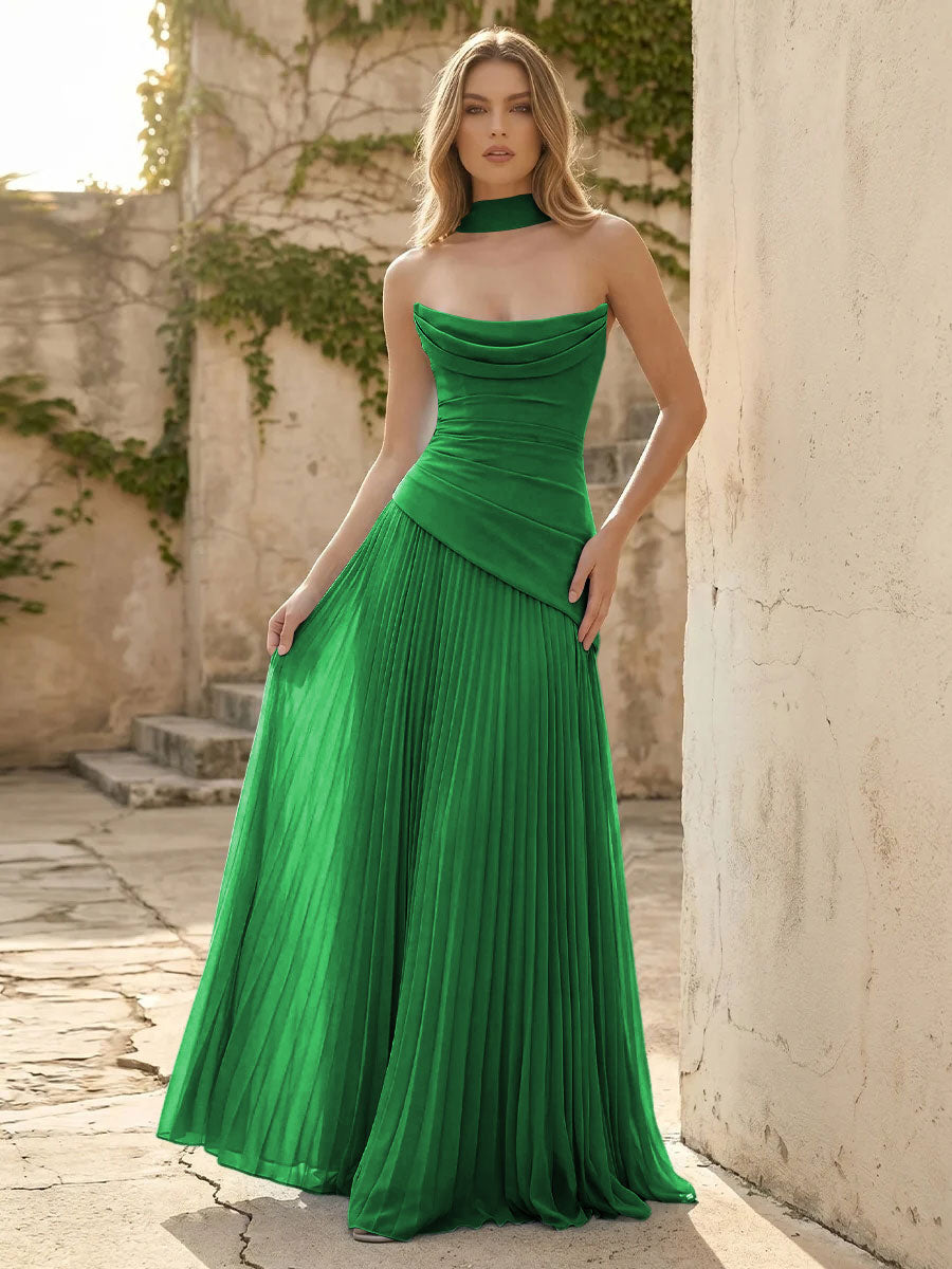 Chiffon A Line Cowl Neck Pleats Ruched Formal Dresses with Scarf