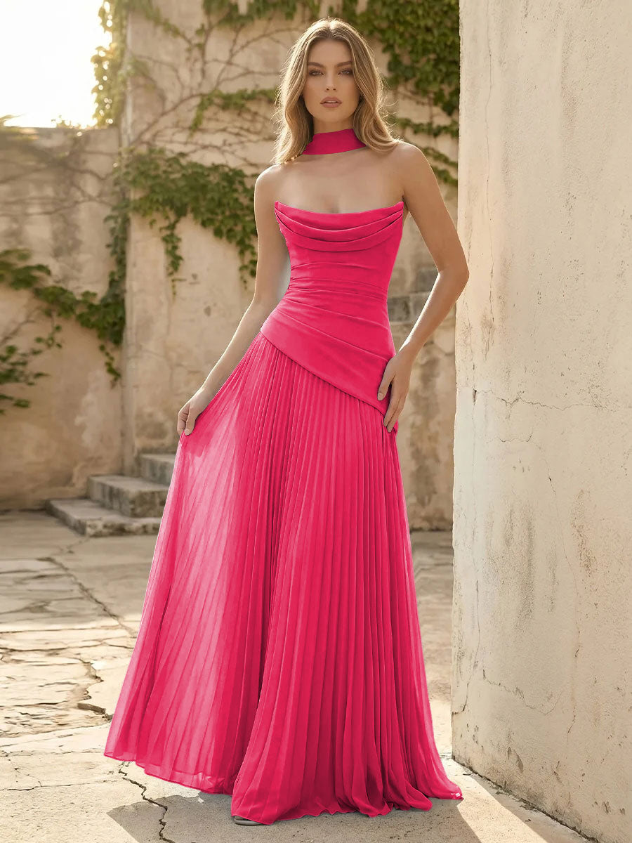 Chiffon A Line Cowl Neck Pleats Ruched Formal Dresses with Scarf