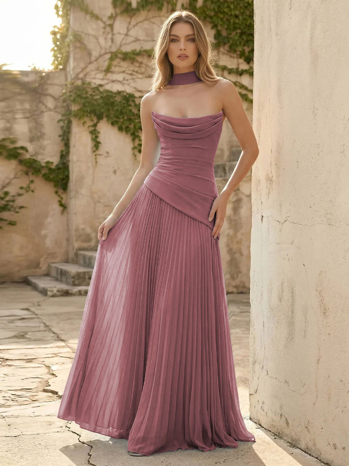 Chiffon A Line Cowl Neck Pleats Ruched Formal Dresses with Scarf