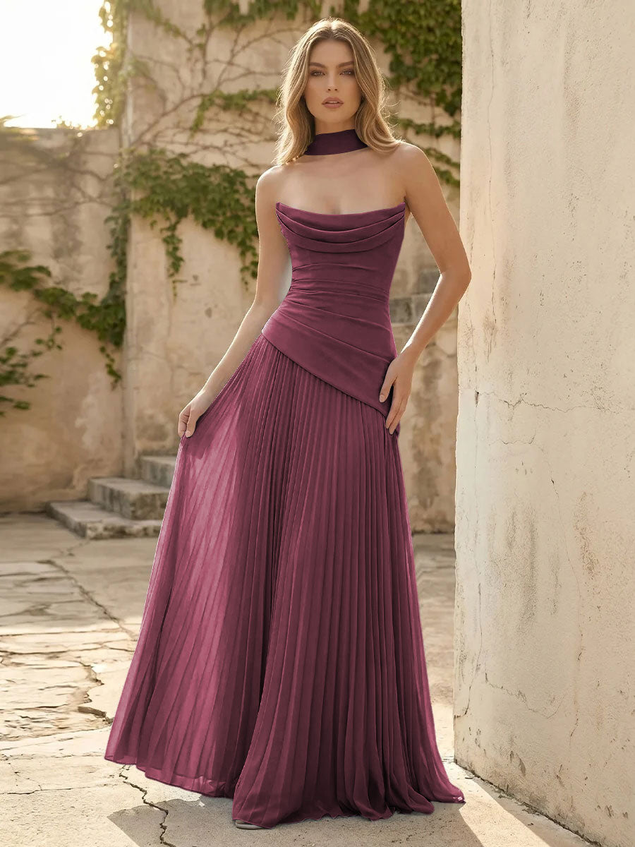 Chiffon A Line Cowl Neck Pleats Ruched Formal Dresses with Scarf