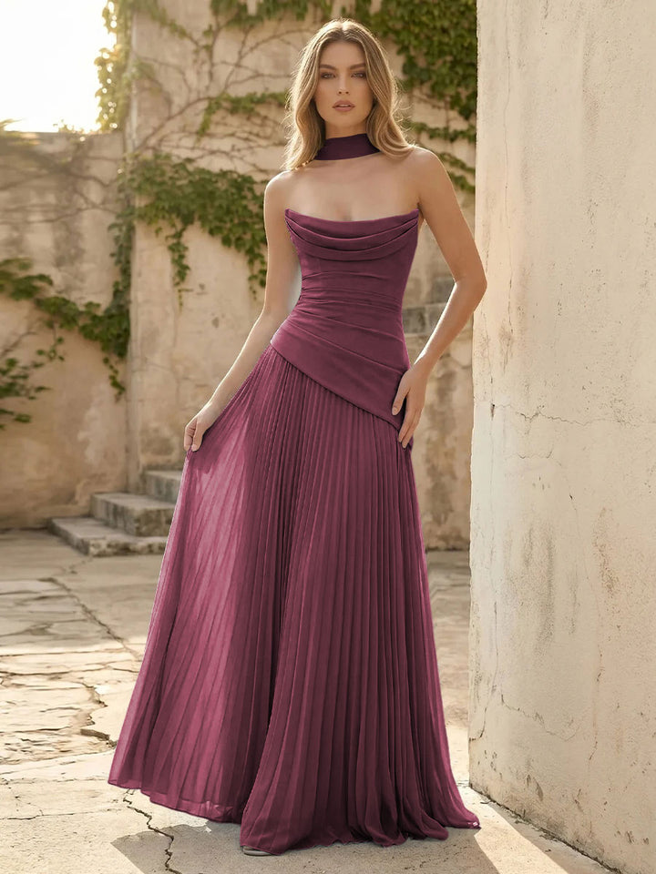 Chiffon A Line Cowl Neck Pleats Ruched Formal Dresses with Scarf
