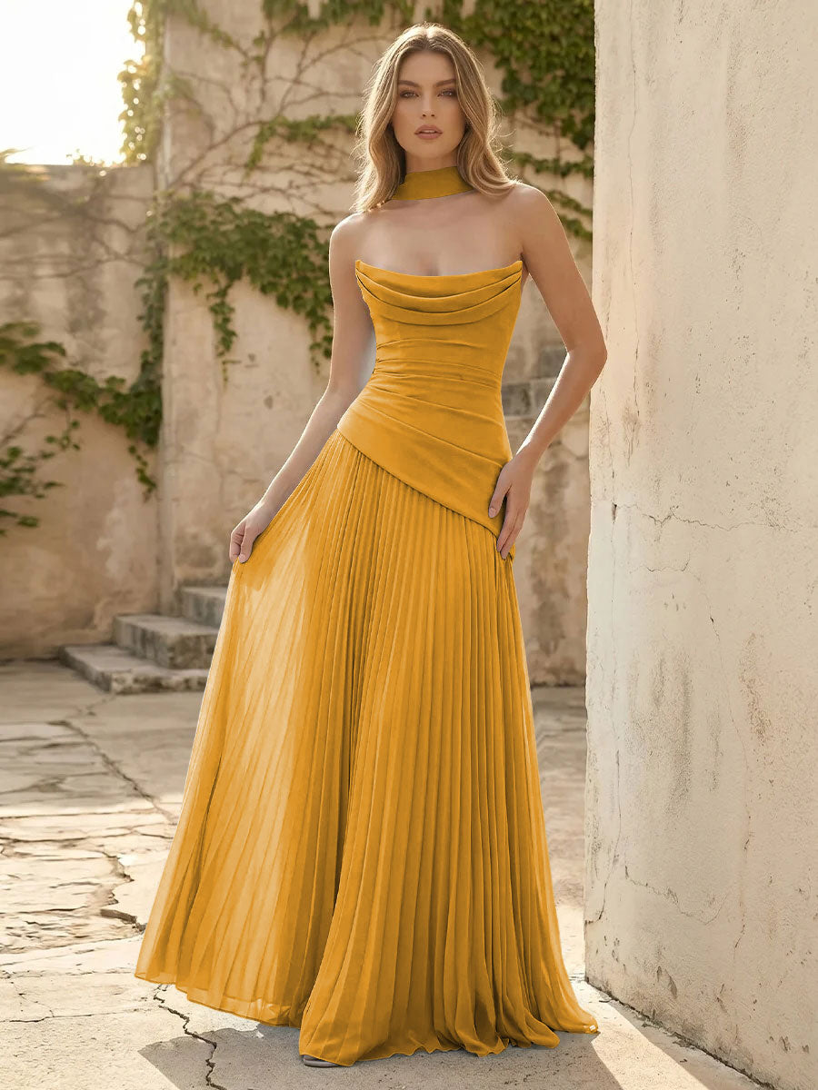 Chiffon A Line Cowl Neck Pleats Ruched Formal Dresses with Scarf