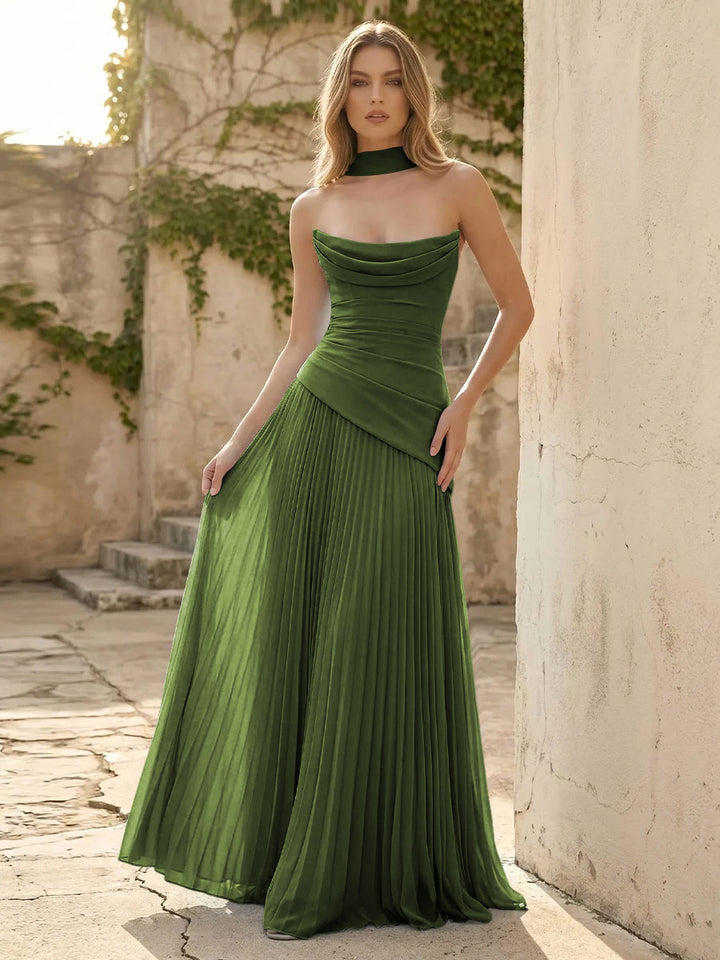 Chiffon A Line Cowl Neck Pleats Ruched Formal Dresses with Scarf