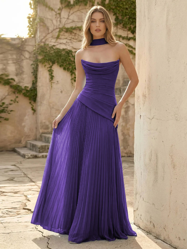 Chiffon A Line Cowl Neck Pleats Ruched Formal Dresses with Scarf