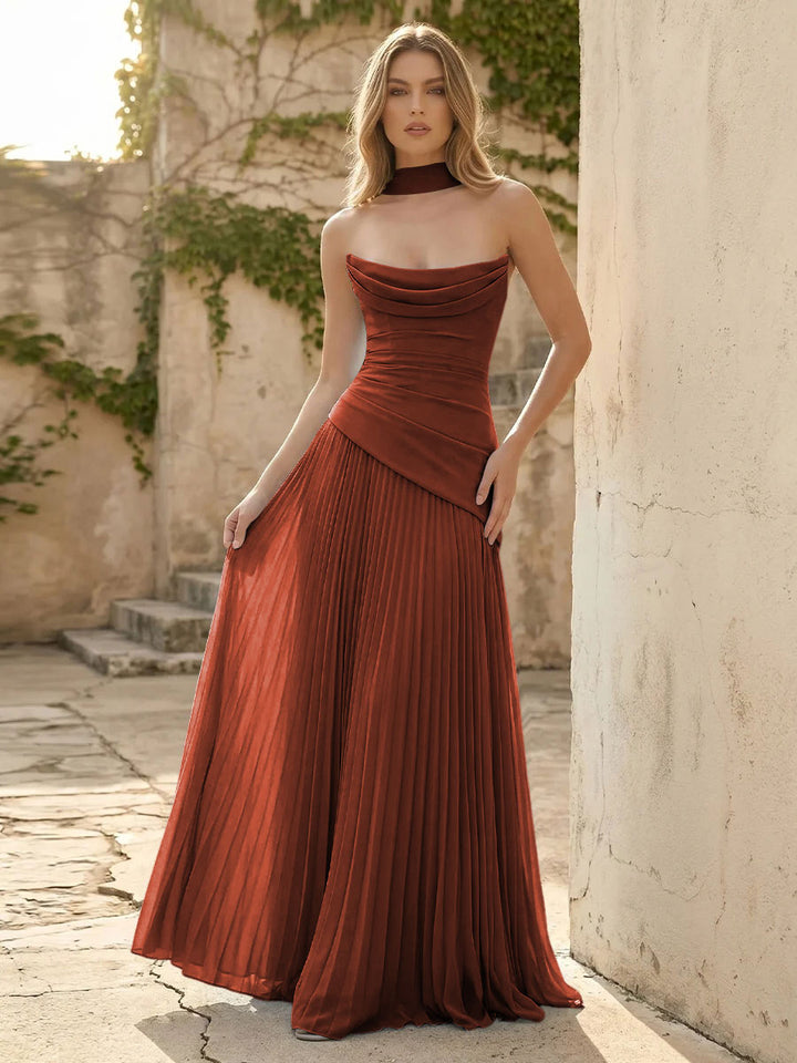 Chiffon A Line Cowl Neck Pleats Ruched Formal Dresses with Scarf