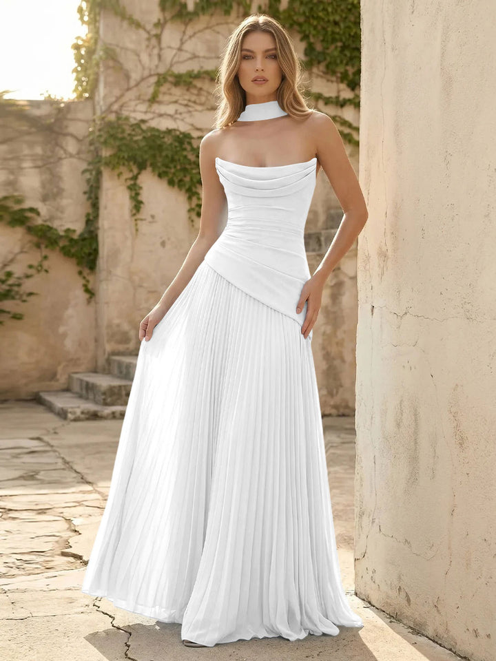 Chiffon A Line Cowl Neck Pleats Ruched Formal Dresses with Scarf