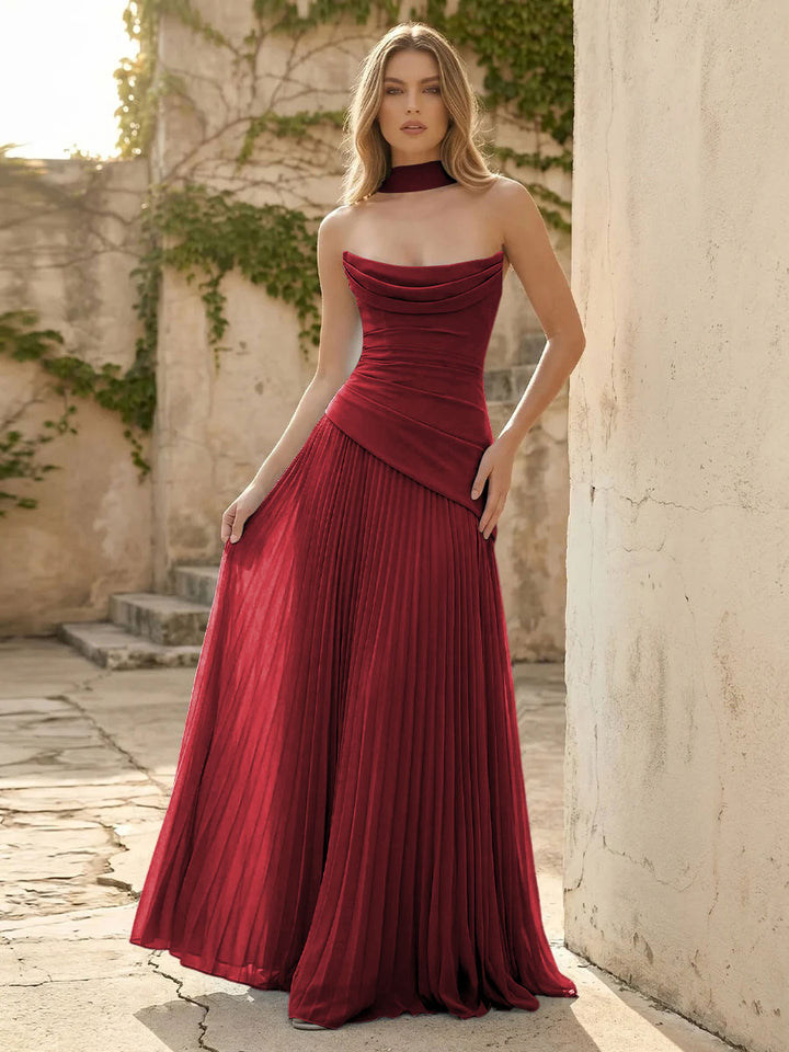 Chiffon A Line Cowl Neck Pleats Ruched Formal Dresses with Scarf