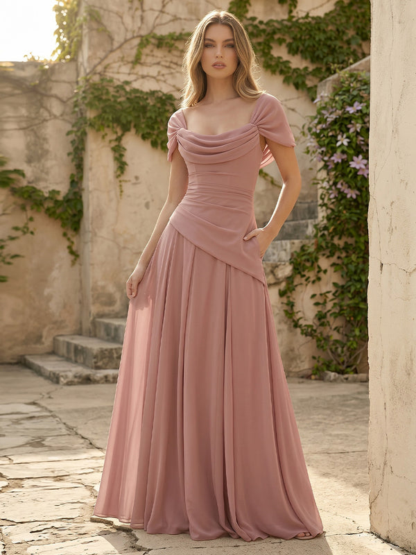 Chiffon A Line Cowl Neck Ruched Pleats Formal Dresses with Pockets