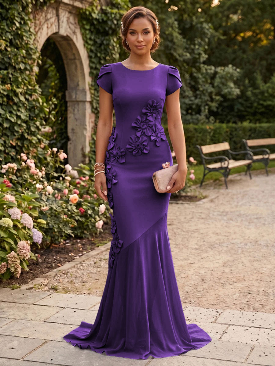 Stretch Mesh Mermaid Scoop Neck Corset 3D Flowers Formal Dresses