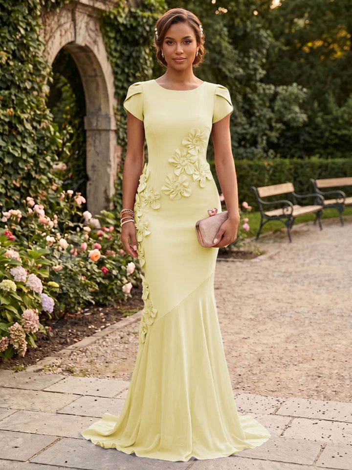 Stretch Mesh Mermaid Scoop Neck Corset 3D Flowers Formal Dresses