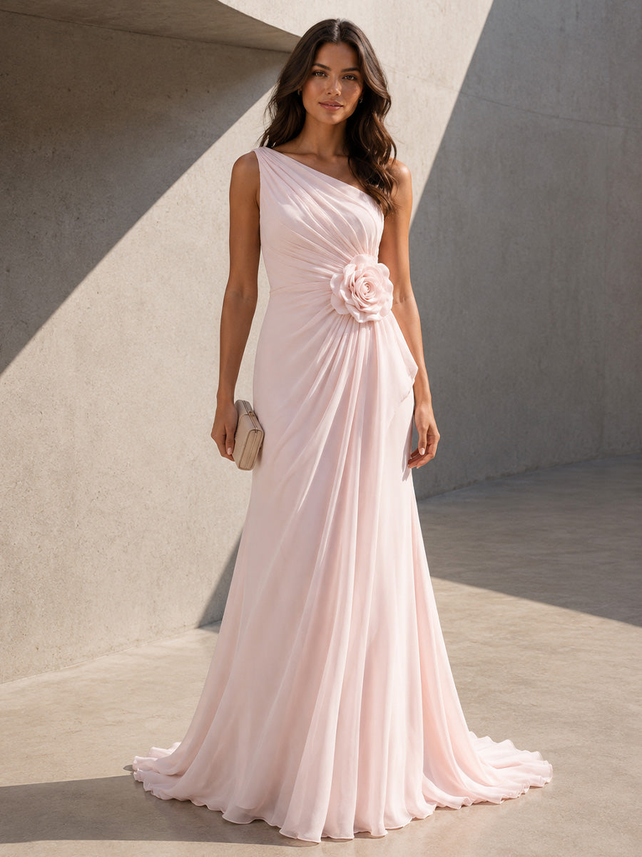 Chiffon A Line One Shoulder 3D Flowers Ruched Formal Dresses for Women