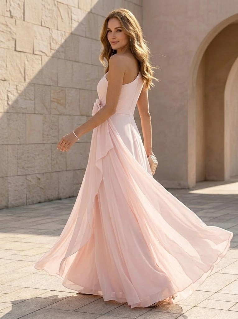 Chiffon A Line One Shoulder 3D Flowers Ruched Formal Dresses for Women