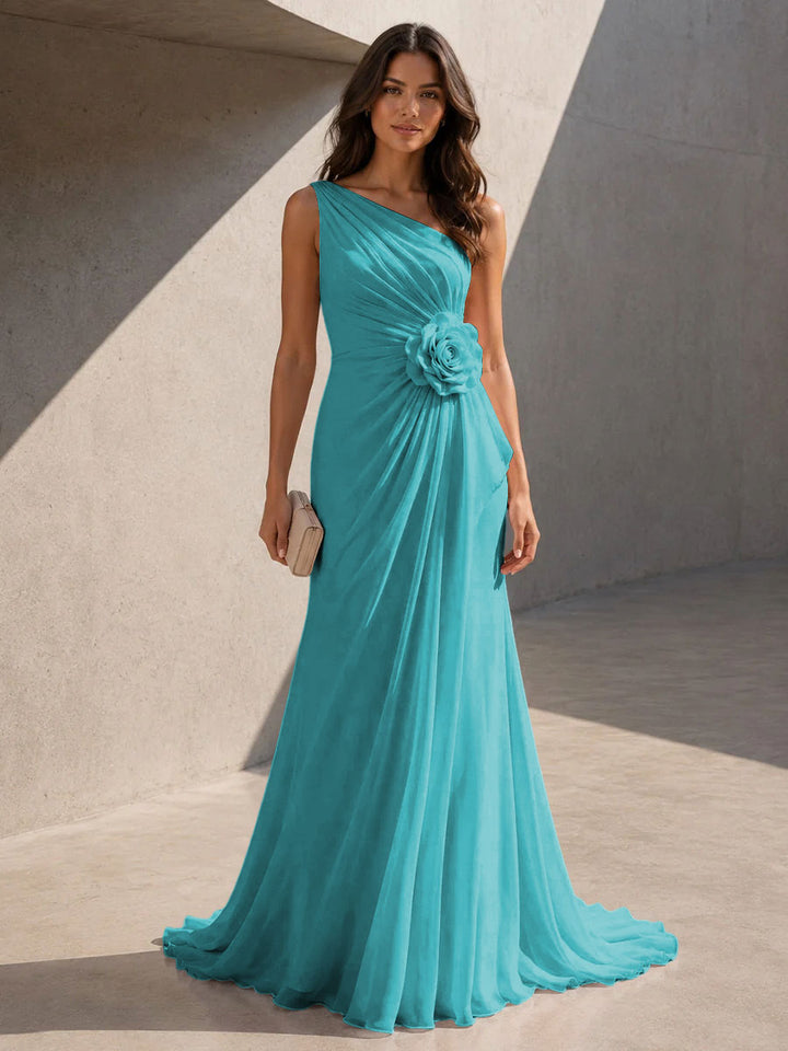 Chiffon A Line One Shoulder 3D Flowers Ruched Formal Dresses for Women