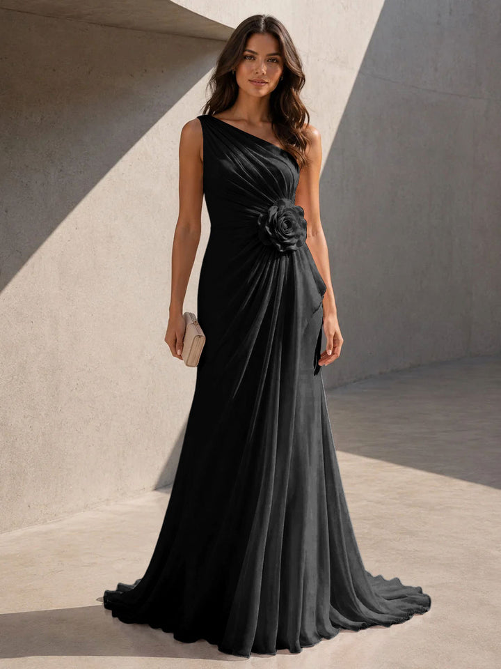 Chiffon A Line One Shoulder 3D Flowers Ruched Formal Dresses for Women