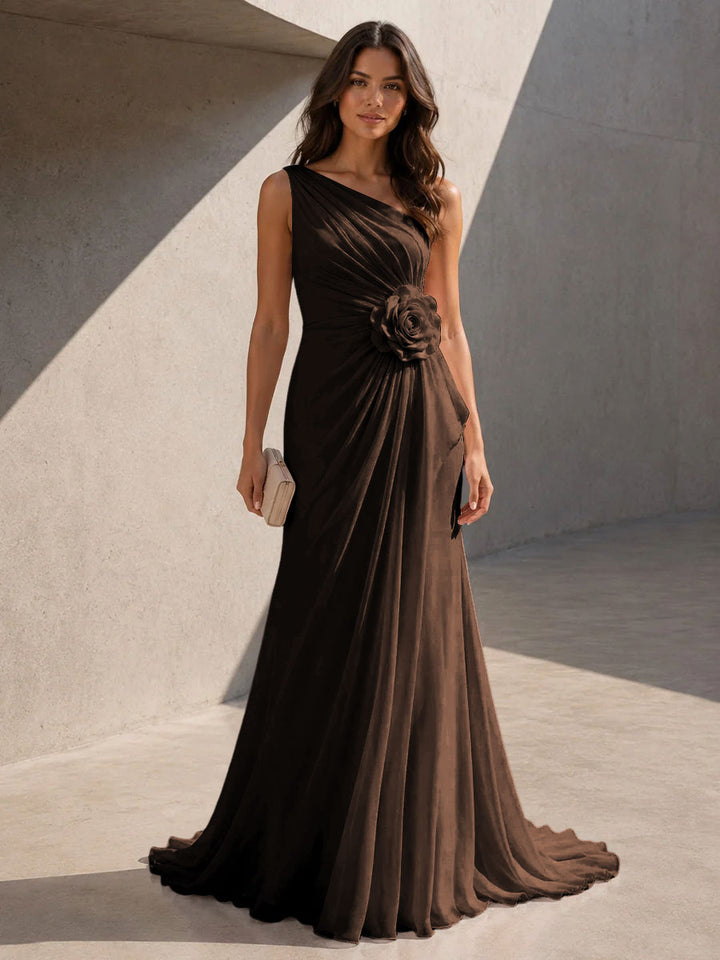 Chiffon A Line One Shoulder 3D Flowers Ruched Formal Dresses for Women