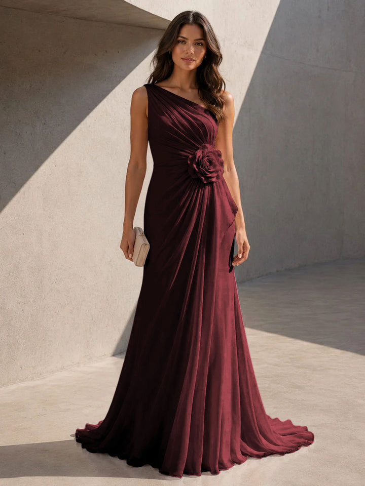 Chiffon A Line One Shoulder 3D Flowers Ruched Formal Dresses for Women