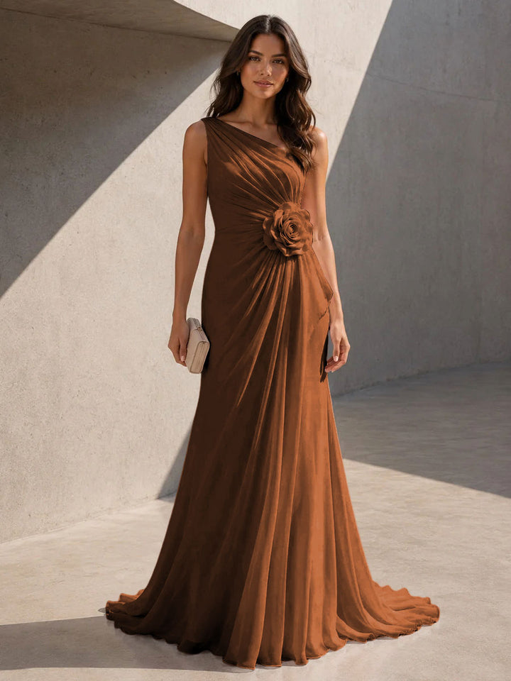 Chiffon A Line One Shoulder 3D Flowers Ruched Formal Dresses for Women