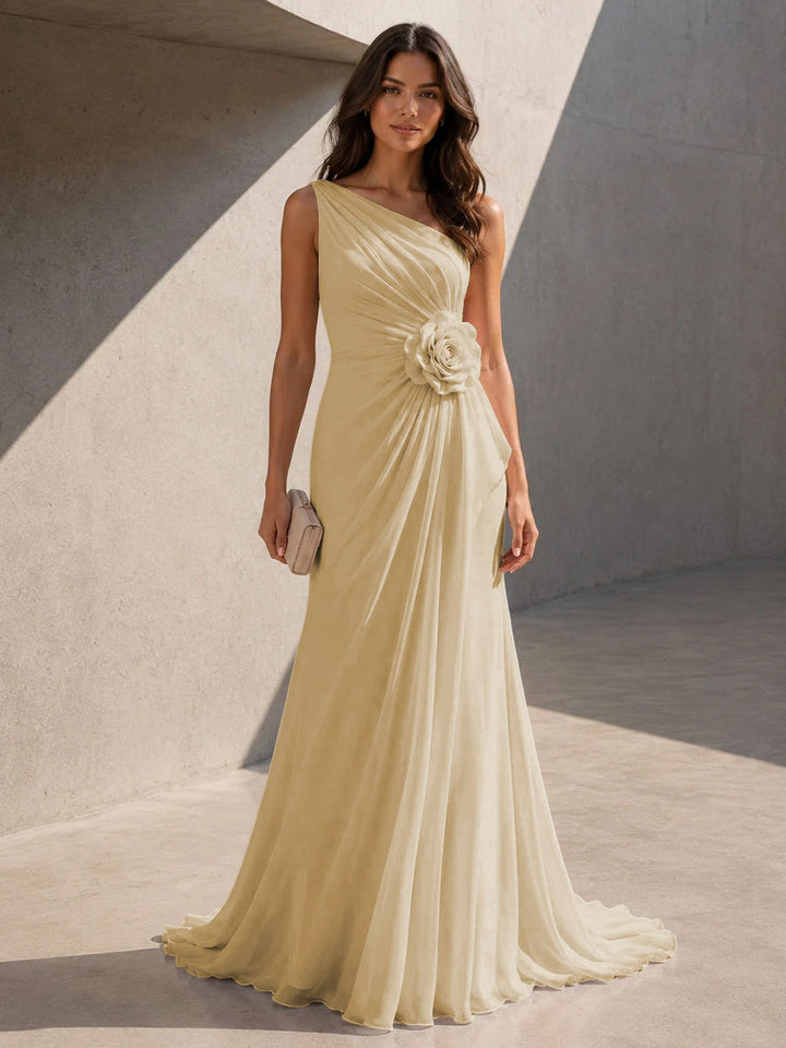 Chiffon A Line One Shoulder 3D Flowers Ruched Formal Dresses for Women