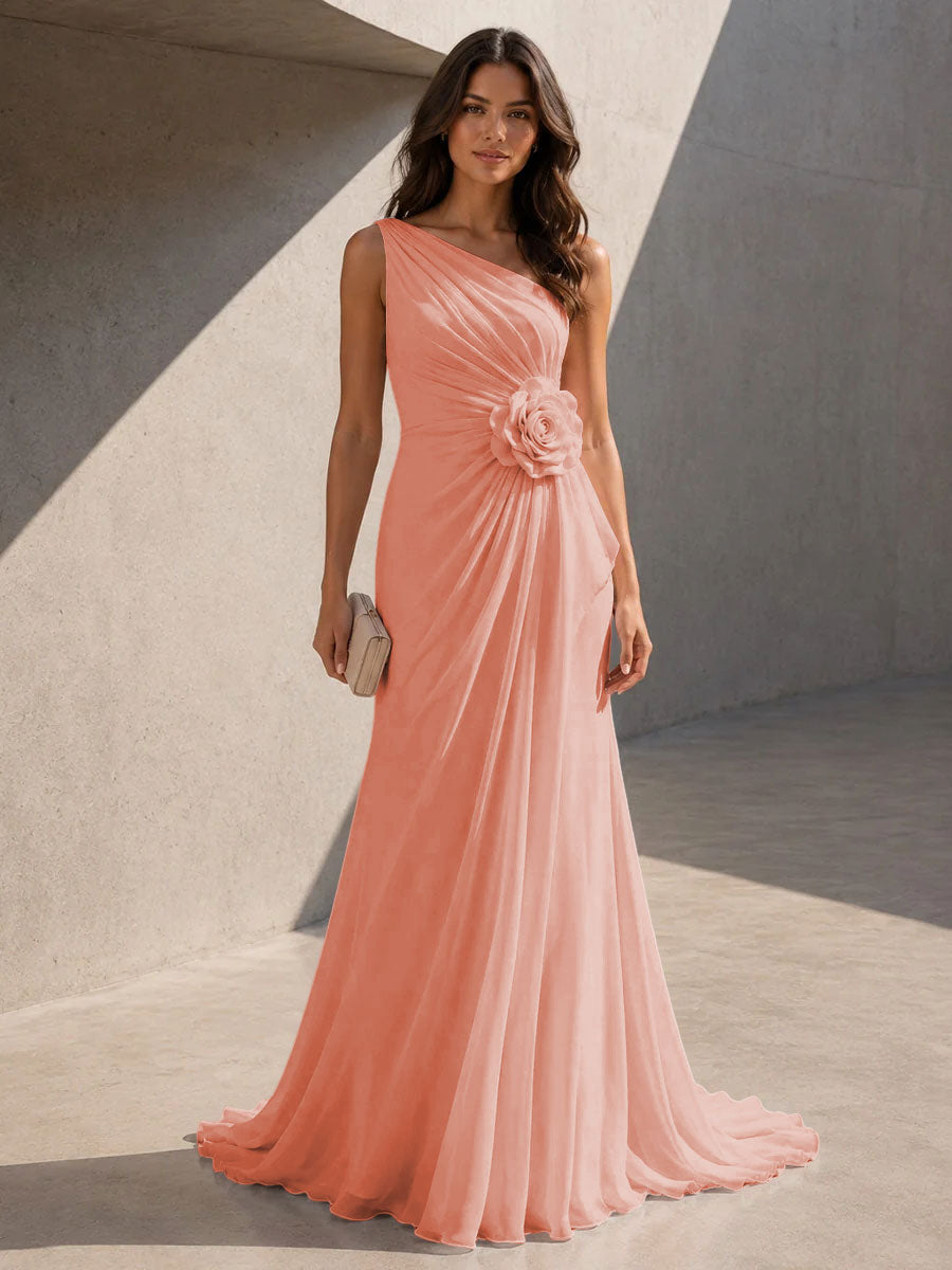 Chiffon A Line One Shoulder 3D Flowers Ruched Formal Dresses for Women
