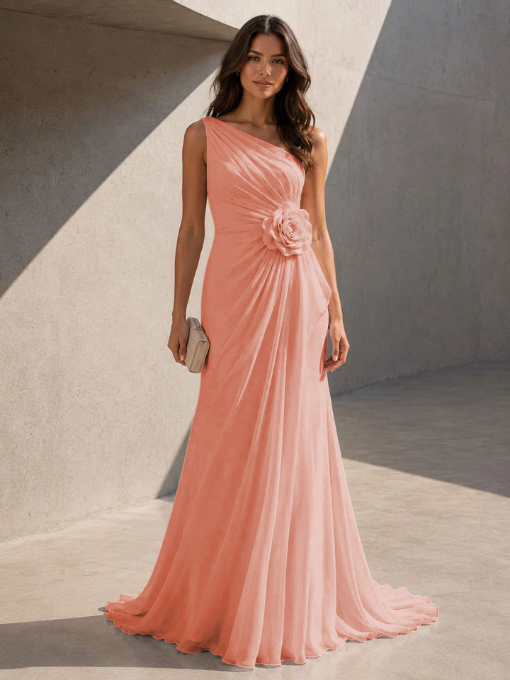 Chiffon A Line One Shoulder 3D Flowers Ruched Formal Dresses for Women