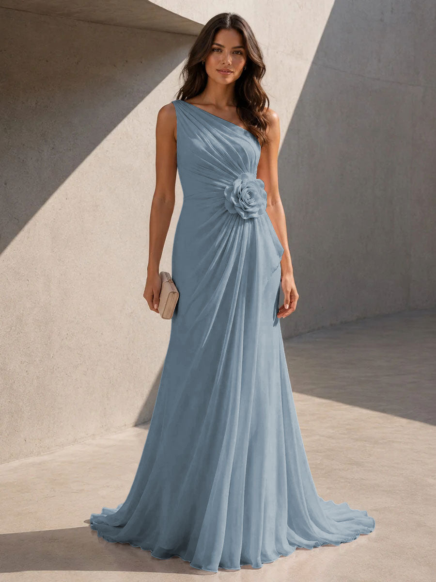 Chiffon A Line One Shoulder 3D Flowers Ruched Formal Dresses for Women