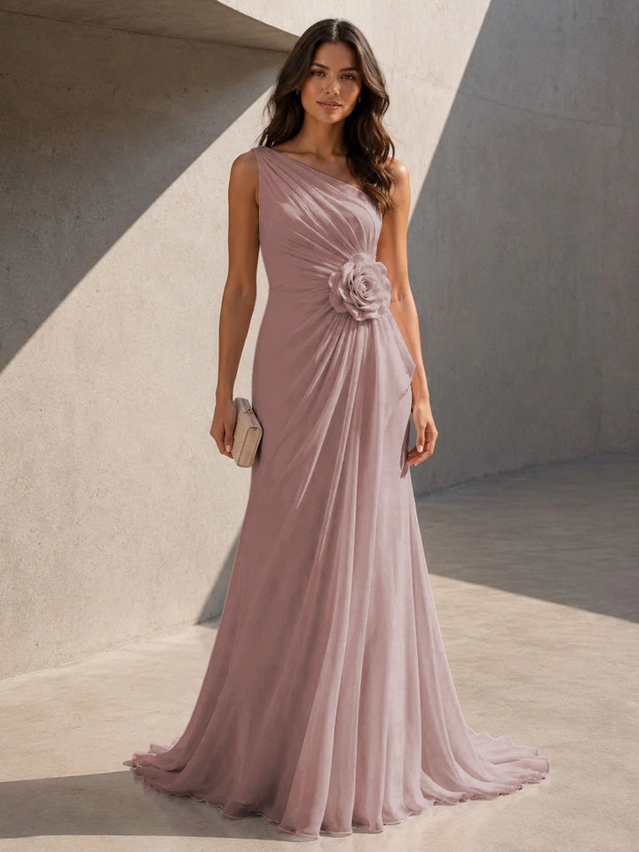 Chiffon A Line One Shoulder 3D Flowers Ruched Formal Dresses for Women
