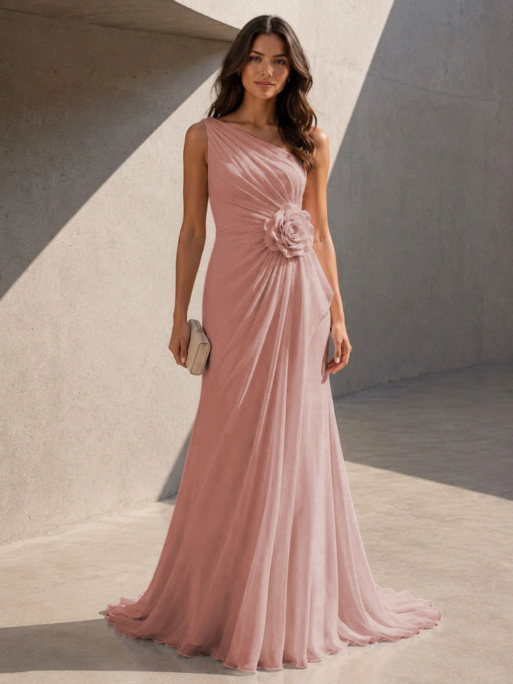 Chiffon A Line One Shoulder 3D Flowers Ruched Formal Dresses for Women