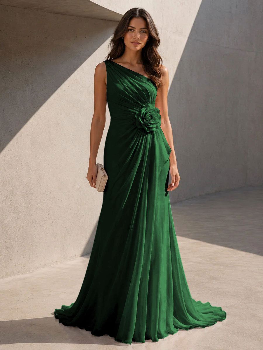 Chiffon A Line One Shoulder 3D Flowers Ruched Formal Dresses for Women